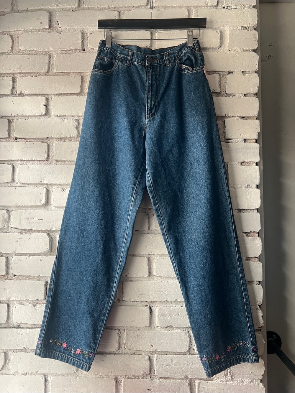 90s casual Blue Denim Jeans with Subtle Hem Embroidery straight leg